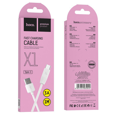 Кабель Type-C HOCO X1 Rapid 1м, 3A, ПВХ, White
