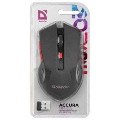Мышь беспроводная Defender Accura MM-275, красная,6 кнопок, 800-1600 dpi, USB.
Количество кнопок: 5 + колесо-кнопка. Тип сенсора: оптический. Питание: 1хAA (в комплекте). Радиус действия: 10 м.