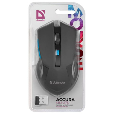 Мышь беспроводная Defender Accura MM-275, синий. 800-1600 dpi, USB. Количество кнопок: 5 + колесо-кнопка. Тип сенсора: оптический. Питание: 1хAA (в комплекте).Радиус действия: 10 м.