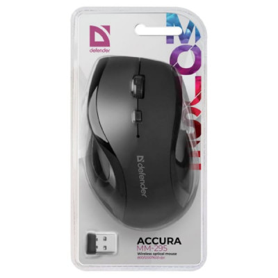 Мышь беспроводная Defender Accura MM-295, черный. 800-1600 dpi, USB. Количество кнопок: 5 + колесо-кнопка. Тип сенсора: оптический. Питание: 1хAA (в комплекте). Радиус действия: 10 м.