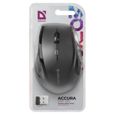 Мышь беспроводная Defender Accura MM-365, черный. 800-1600 dpi, USB. Количество кнопок: 5 + колесо-кнопка. Тип сенсора: оптический. Питание: 2хAAA (в комплекте). Радиус действия: 10 м.