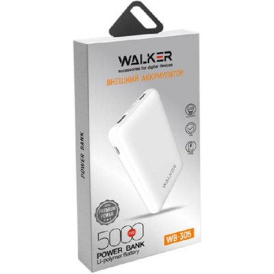Внешний аккумулятор 5000 mAh Walker WB-305 белый, Li-Pol, USBх2. Вход microUSB,Type-C 2.1A. Выход USB1/USB2 2.4A.