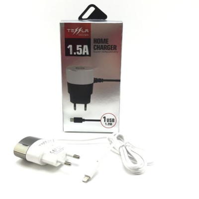 СЗУ Lightning + USB Tessla TL18 5A/1.5A=1A, 1.2м, White. Сетевое зарядное устройство Lightning + выход USB.