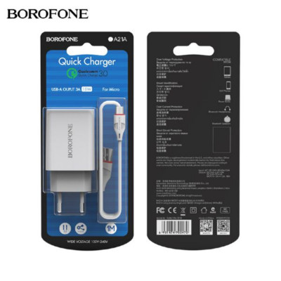 СЗУ-USB Micro BOROFONE BA21A QC3.0A, 18w, длина кабеля 1 метр, White