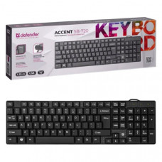 Клавиатура проводная Defender Accent SB-720, черный, USB. Дизайн клавиатуры: классический. Тип клавиатуры: мембранная. Длина кабеля: 1,25 (5%) м. ROHS  CE Нет.