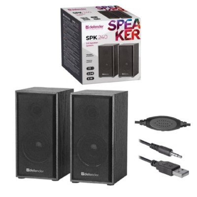 Активная колонка 2.0 Defender SPK-240 USB, черная, деревянный корпус, 6Вт, 2x3Вт, диапозон частот:100-18000Гц, 3.5-мм jack, питание от USB 5В.(1/30)