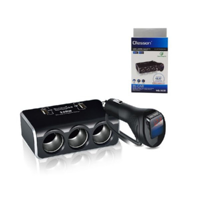 Разветвитель прикуривателя Olesson WF-1639, кабель, 3 гнезда+2USB, подсветка
