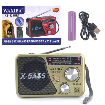 Радиоприемник портативный Waxiba XB-521URT Gold Фонарь FM,USB,TF,AUX,питание BL-5C (не в к-те), в комплекте 1х18650 и кабель Type-C)