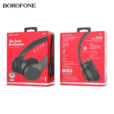 Гарнитура проводная полноразмерная Borofone BO5 Star Black Кабель наушников: штекер 3.5 мм, высокоэластичный кабель. Длина кабеля: 1.2м. Микрофон: пульт с микрофоном.