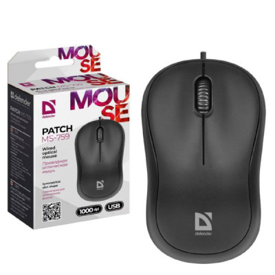 Мышь проводная Defender Patch MS-759, черный, USB, 3 кнопки, 1000 dpi, Количество кнопок: 2 + колесо-кнопка, Тип сенсора: оптический, Длина кабеля: 1.1 (5%), Системные требования для ПК: Windows 2000/XP/Vista/7/8/10 (1/100)