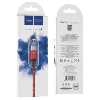 Кабель Type-C HOCO X14 1м, шнуровая оплетка, Red-Black