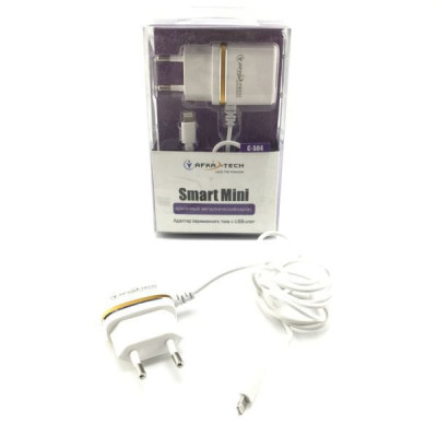 СЗУ Lightning + USB Afka-Tech C-504 1A. Сетевое зарядное устройство Lightning + выход USB, кабель 1 метр.
