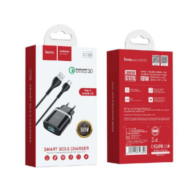 СЗУ-USB Type-C HOCO C12Q 1м, QC3.0A, 18W, Black