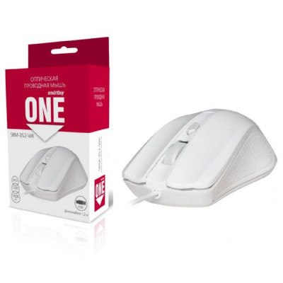 Мышь проводная SmartBuy ONE 352, белый. DPI 1600/1200/800. 4кн. Оплетка кабеля: резина. Длина кабеля 1,2м.