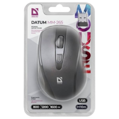 Мышь беспроводная Defender Datum MM-265, черная, 3 кнопки, 800-1600 dpi. 2 ? AAA (в комплекте). Радиус действия: 10 м.