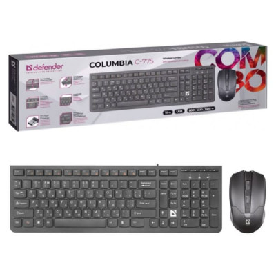 Набор беспроводная клавиатура + мышь DEFENDER C-775 Columbia, черный USB. Рабочая частота: 2.4 ГГц. Мышь: Количество кнопок: 4 + колесо-кнопка. Тип сенсора: оптический. Разрешение: 800/1200/1600 dpi. Питание: 2 х AAA (в комплекте). Клавиатура: Питание: 2 