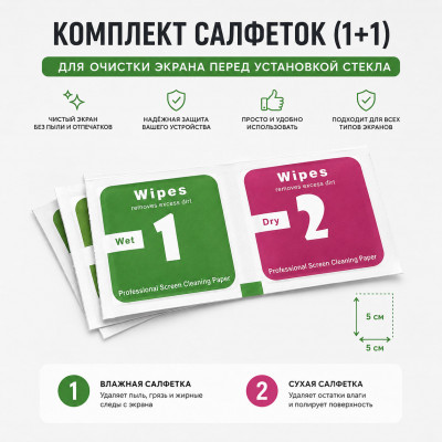 Комплект салфеток (1+1) для очистки экрана перед установкой стекла  (размер 55)