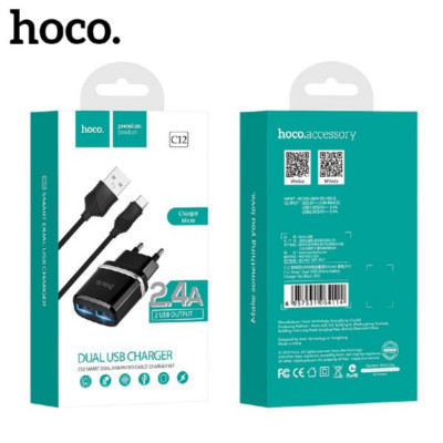 СЗУ-2USB Micro HOCO C12 1м, 2.4A, Black
