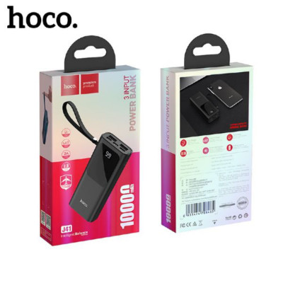 Внешний аккумулятор 10000 mAh HOCO J41, Black (2 USB выхода, LED индикатор уровня заряда огнеупорный PC материал, с кожаным шнурком, Micro-USB / Type-C: 5V / 2A макс., Lightning: 5V / 1.5A макс.)