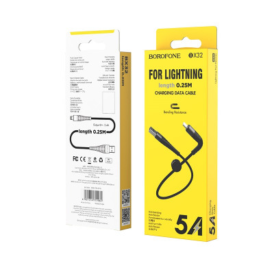 Кабель Lightning BOROFONE BX32 0,25м, 2,4A, нейлоновая оплетка, Black. Поддержка зарядки и передачи данных.