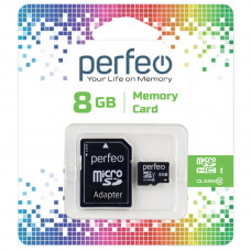 Карта памяти MicroSDHC 8Gb Perfeo Class 10 c адаптером (PF8GMCSH10A)