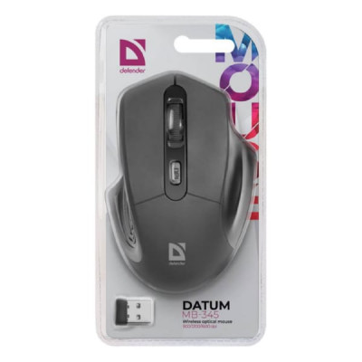 Мышь беспроводная Defender Datum MB-345, черный, беспроводная, 4 кнопки, 800-1600 dpi, USB. Количество кнопок: 3 + колесо-кнопка. Тип сенсора: оптический. Питание: 2хAAA (в комплекте). Радиус действия: 10 м.