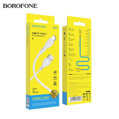 Кабель Type-C BOROFONE BX51 1м, 3A, ПВХ, White (1/360)