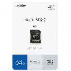 Карта памяти MicroSDXC SmartBuy 64GB Сlass 10 Advanced U3 V30 A1 (55/90 Mb/s)+ SD адаптер