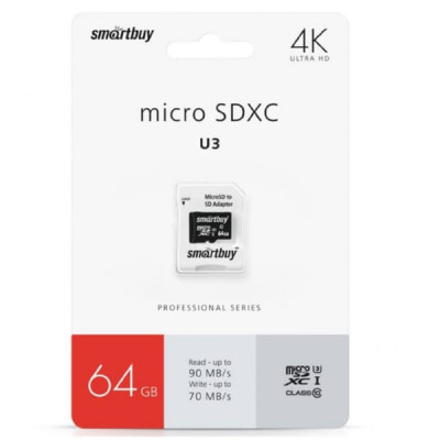 Карта памяти MicroSD SmartBuy 64GB Сlass 10  Pro UHS-I U3 (70/90 Mb/s) + SD адаптер