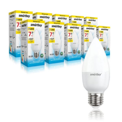 Лампа светодиодная SMARTBUY C37 7Вт 220V 3000K E27 (свеча, теплый свет) (1/10/50)