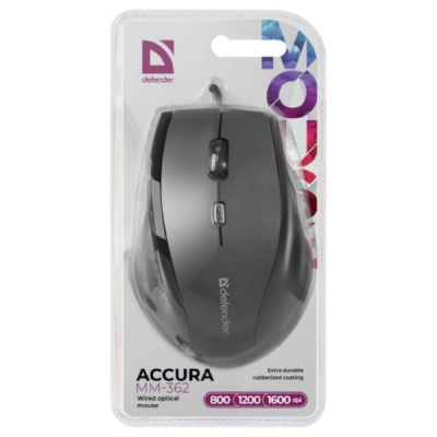 Мышь проводная Defender Accura MM-362, черный, USB, проводная,  6 кнопок, 800-1600 dpi , Тип сенсора: оптический, Разрешение: 800/1200/1600 dpi, Системные требования для ПК: Windows 2000/XP/Vista/7/8/10, Mac OS X10
