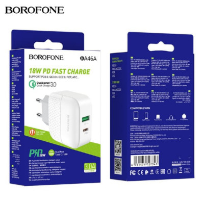 СЗУ-USB-USB-C BOROFONE BA46A Premium 3A.0 PD18W+QC3.0, 3A, White.