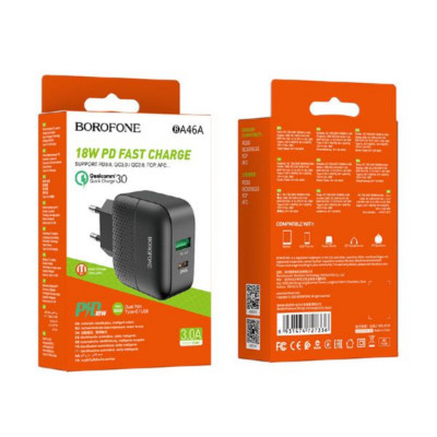 СЗУ-USB-USB-C BOROFONE BA46A Premium PD18W+QC3.0, 3A, Black.