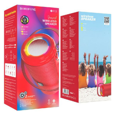 Портативная колонка Borofone BR13 Red BT V5.0, чип: JL Jerry. Емкость батареи: 1200mAh. Время зарядки около 2 часов. В режиме разговора / музыки: 4 часа. Динамик: 52 мм х 2, мощность: 5Wх2. Размеры: 221х99х101 мм. TF карт, USB, AUX