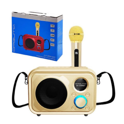 Портативная колонка караоке Орбита OT-ERM07 Золото Мощность: 10Вт TF/USB/Bluetooth: V4.2/AUX 3.5мм. Автономное время работы: до 3ч. Один аккумуляторный беспроводной микрофон. Функция ECHO на микрофоне. Функция записи REC