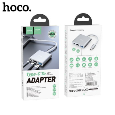 USB HUB 3 порта HOCO HB14 Easy use USB3.0+HDMI+PD Длина кабеля: 150мм. Интерфейс: Type-C папа на USB3.0 мама, HDMI, Type-C(PD). Для работы с ноутбуком Type-C интерфейсом, расширение для Type-C, USB и HDMI (можно подключить проектор или HDTV).