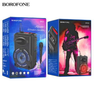 Активная напольная колонка Borofone DR03 Black. Динамик 8-дюймовый широкополосный, Bluetooth 5.0, емкость аккумулятора динамика 1800мАч, время зарядки около 2,5ч., время музыки около 3ч. Размер: 381х236х203мм.