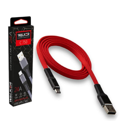 Кабель Micro USB WALKER C750 1м, 2.4A, Красный в мат. обмотке, метал. разъем, плоский