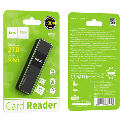 Кардридер HOCO HB20 Black USB 3.0 Материал: ABS. Размер: 69х19х13мм. Вес: 10г. Теоретическая скорость передачи: 5Gbps. Теоретическая поддерживаемая емкость: 2TB. Поддержка TF/SD карт. Совместимость с большинством операционных систем, например, для Windows