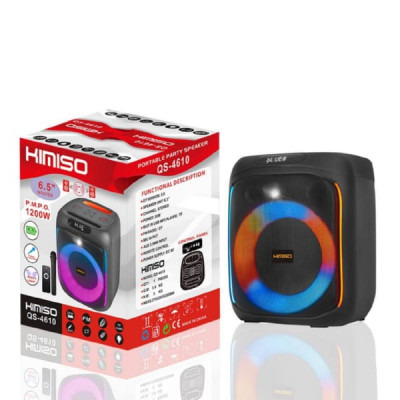 Активная напольная колонка KIMISO QS-4610  Размер динамика: 6.5 дюймов. RGB-подсветка. Bluetooth / USB / AUX / FM-радио / SD-карта / беспроводной микрофон и адаптер, пульт, кабель USB. Емкость аккумулятора: 3600mAh/9V. Мощность 30Вт. Размеры: 265х275х350м