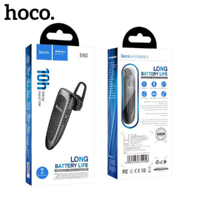 Гарнитура HandsFree Bluetooth Hoco E60 Brightness Black. Емкость аккумулятора: 150 мАч, зарядка около 1 часа. Время разговора/музыки: 10 часов. В режиме ожидания: 200 часов. Поддержка китайского и английского тональных сигналов: дважды нажмите многофункци