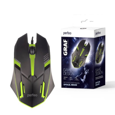Мышь проводная игровая Perfeo GRAF, 3 кн, USB, чёрн, GAME DESIGN, 7 цв. подсветка, 1000 DPI