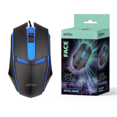 Мышь проводная игровая Perfeo FACE, 3 кн, USB, чёрн, GAME DESIGN, 7 цв. подсветка, 1000 DPI