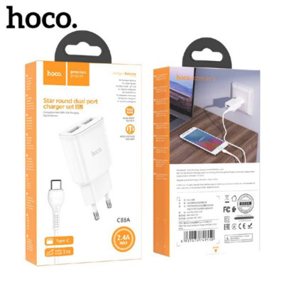 СЗУ-2USB Type-C HOCO C88A 1м, 2.4A, White