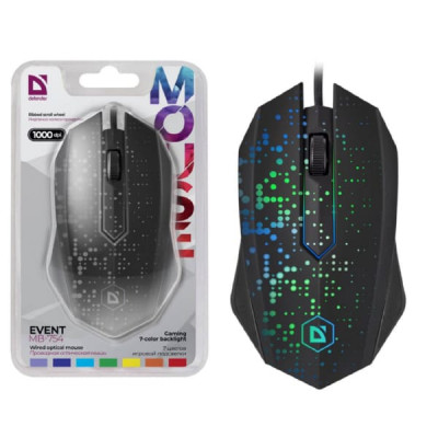 Мышь проводная Defender Event MB-754, черный, USB, Количество кнопок: 2 + колесо-кнопка, 1000 dpi, Тип сенсора: оптическийбигровая подсветка, 7 цветов подсветки, Эргономичная форма,  Покрытие Soft Rubber Skin (1/40)