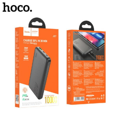 Внешний аккумулятор 10000 mAh HOCO J87 (Black) 3.0A PD20W+QC3.0 быстрая зарядка Вход: Micro-USB - 18W (для QC3.0, для FCP, для AFC). Type-C - 18W (для PD3.0, для QC3.0, для FCP, для AFC). Индикатор: светодиодный индикатор.