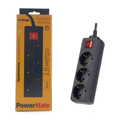 Сетевой фильтр Perfeo 1.8м 3роз. POWERMATE черный (PF-PM-3/1,8-B)