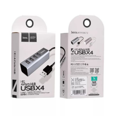 USB HUB 4 порта Hoco HB1 Silver Tarnish. Максимальная выходная мощность 5В, ток 500 мА (при подключении к компьютеру). Материал: алюминиевый сплав. Размер: 78х25х25мм, кабель 80см.