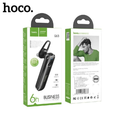 Гарнитура HandsFree Bluetooth Hoco E63 Black. Емкость аккумулятора: 70 мАч; Время зарядки составляет около 1 часа. Разговор/музыка: 6 часов. Режим ожидания: 180 часов. Поддержка китайского и английского тона: дважды щелкните многофункциональную кнопку, ко