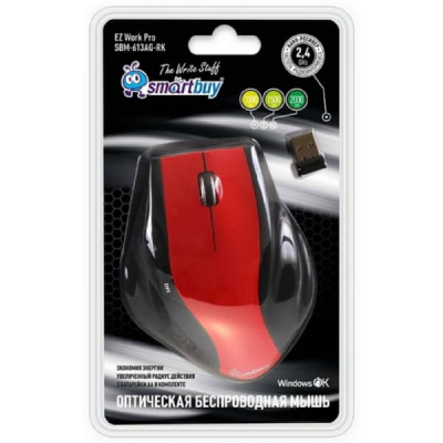 Мышь беспроводная Smart Buy 613AG, красная/чёрная. Разрешение: 1000-2000 dpi. Кнопок: 6 + колесо прокрутки. Оптический сенсор. Радиус: 10 м.